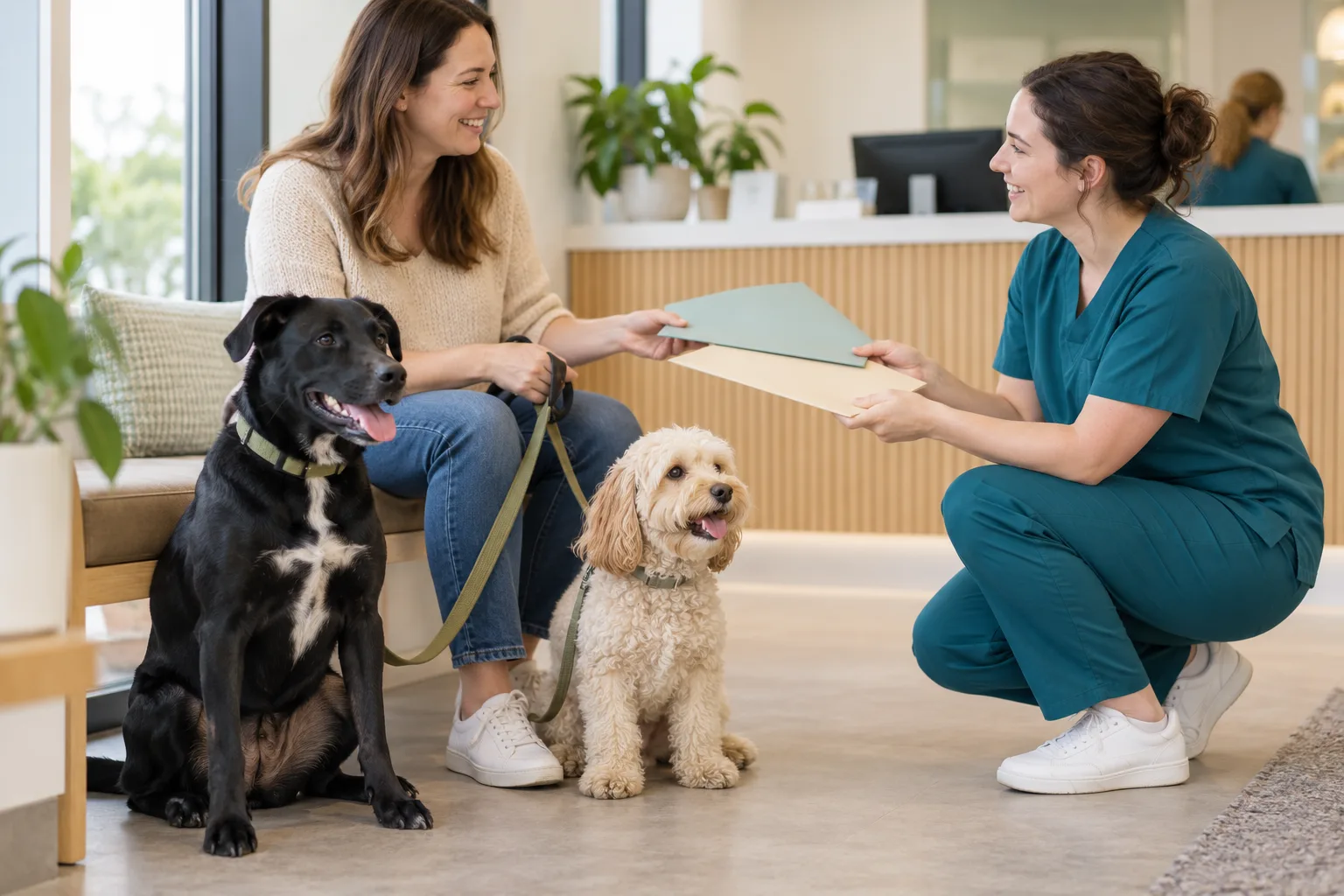 Owner and veterinary professional talking with two dogs in a clinic
